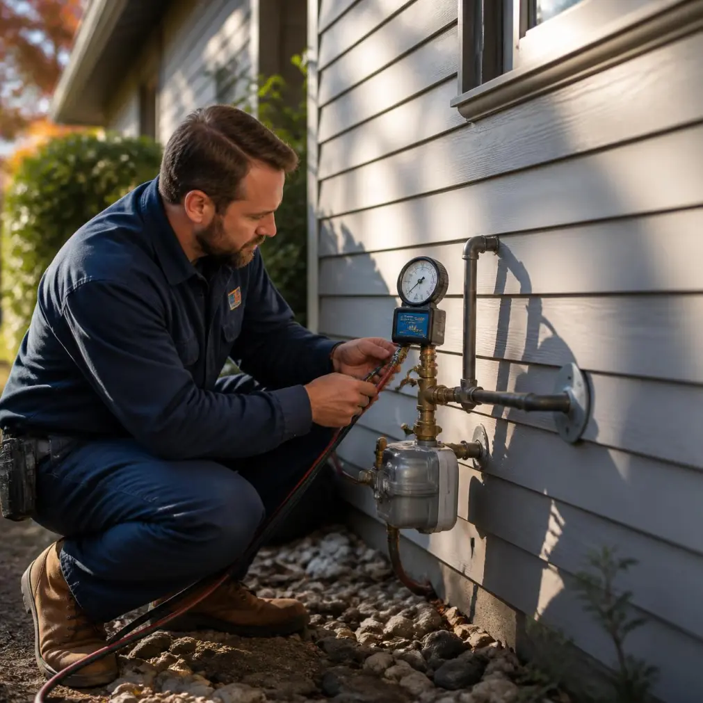 Plumber inspecting a residential gas line and meter in Naples, Florida.