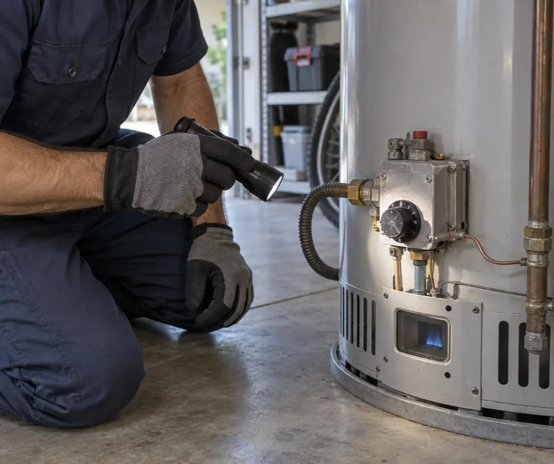 Plumber diagnosing a water heater during a repair in Naples, Florida.